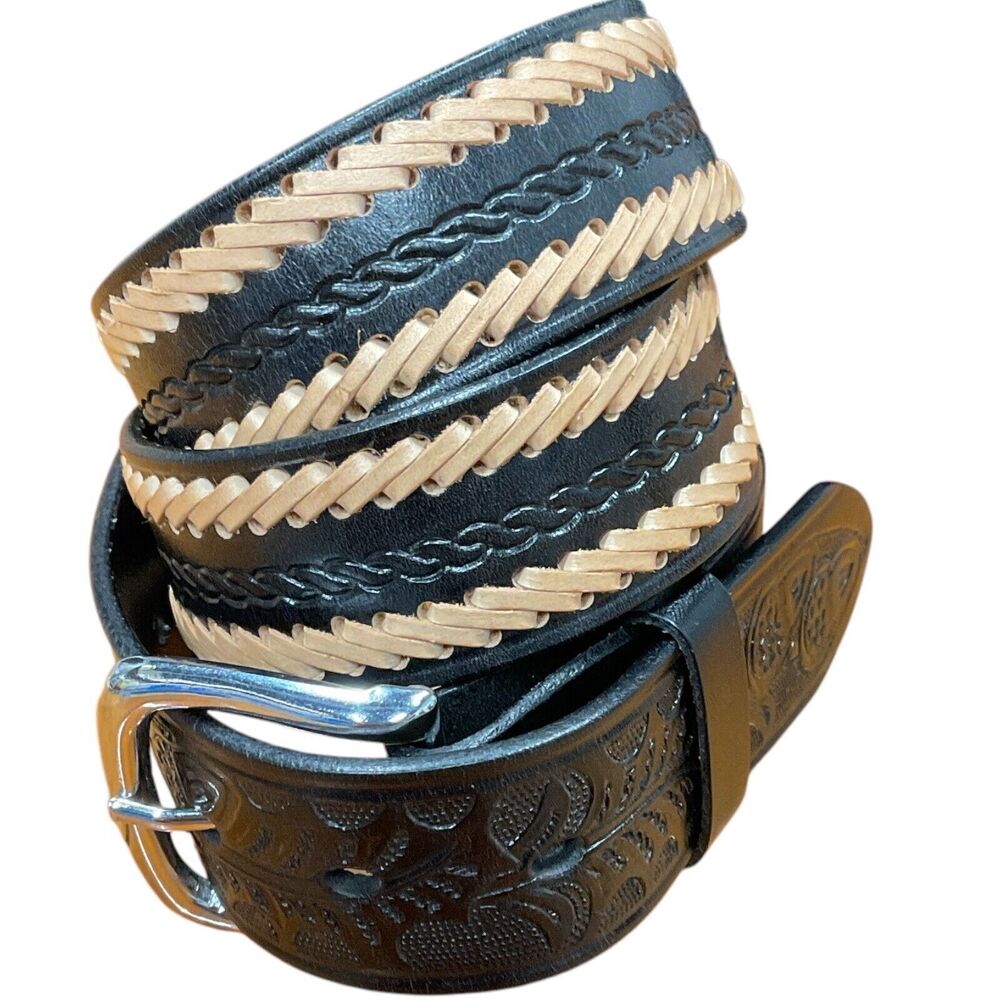 Black Leather Mens 36 Western Belt Tan Brown‎ Stitching Southwest Rodeo Cowboy